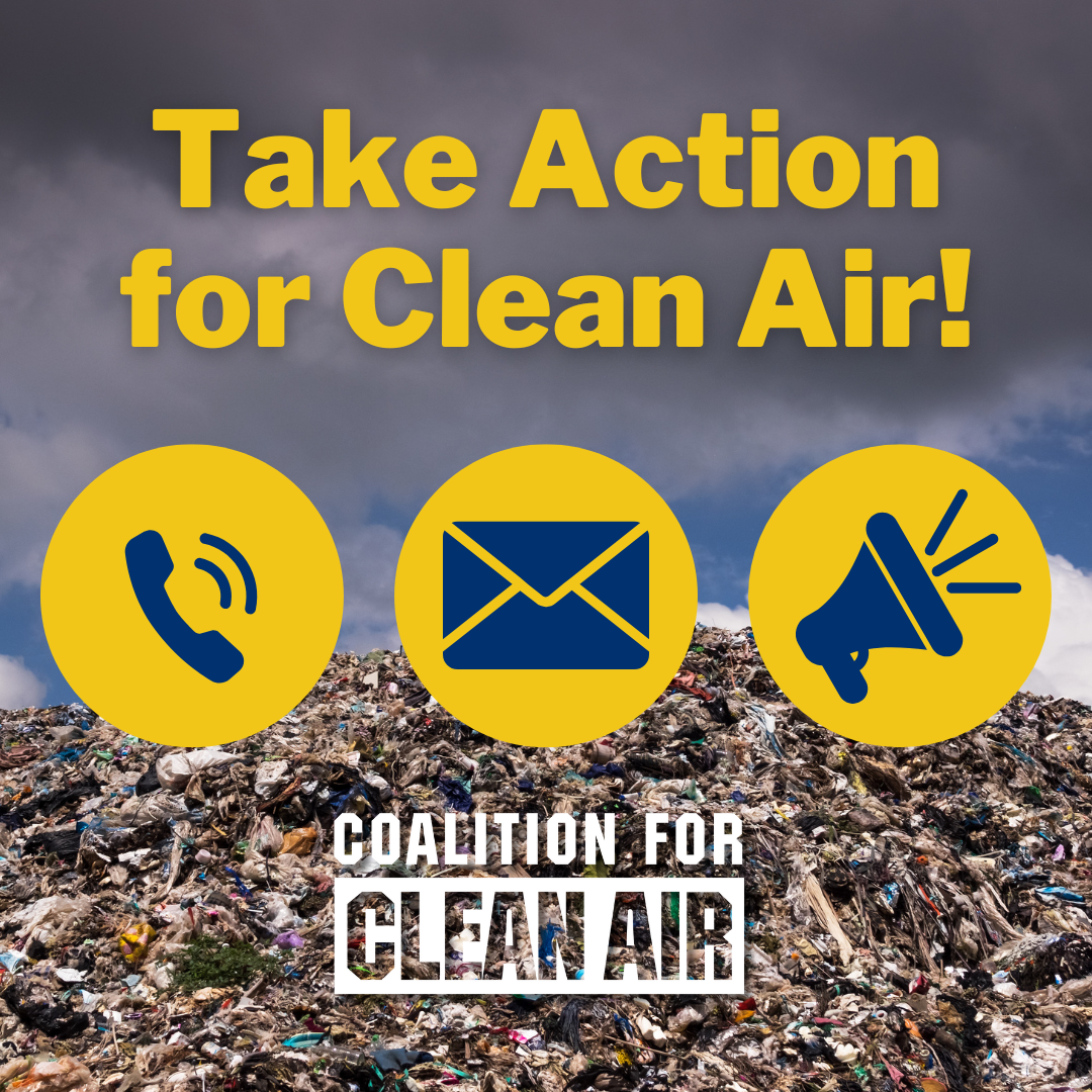 A large mound of garbage fills the bottom portion of the frame, overlaid with the text 